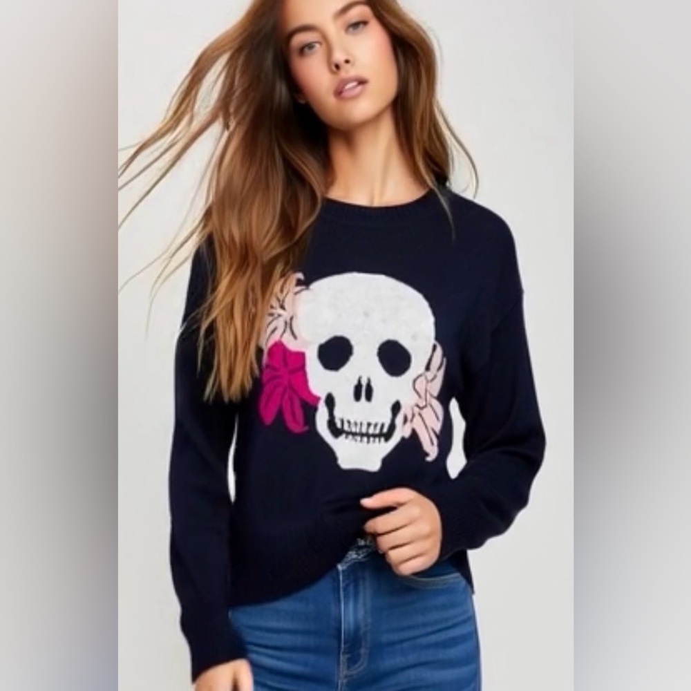 27 Miles Malibu Black White Skull Cashmere Cotton Crew Neck Sweater Pullover
